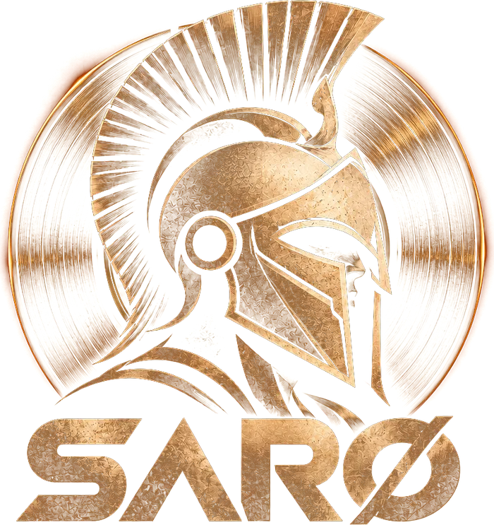 SARØ logo: golden Spartan helmet in front of a vinyl record above the SARØ lettering